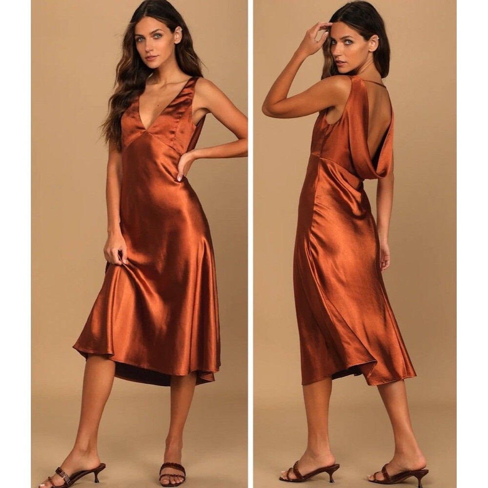 Lulus Incredible Love Brown Satin Cowl Back Midi Slip Dress Size Medium Formal